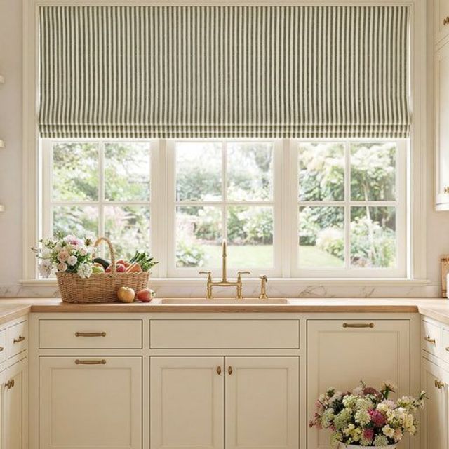 Custom Striped Roman Shades above Kitchen Sink