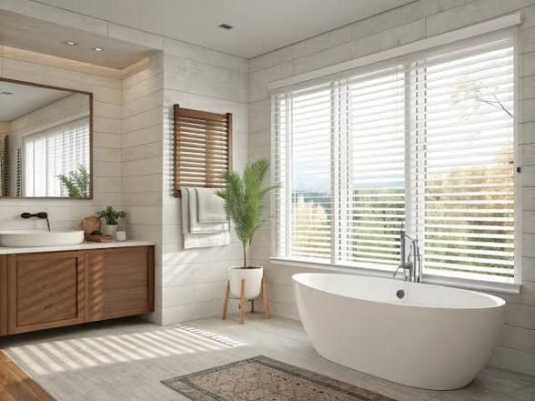 White Faux Wood Blinds in Bathroom