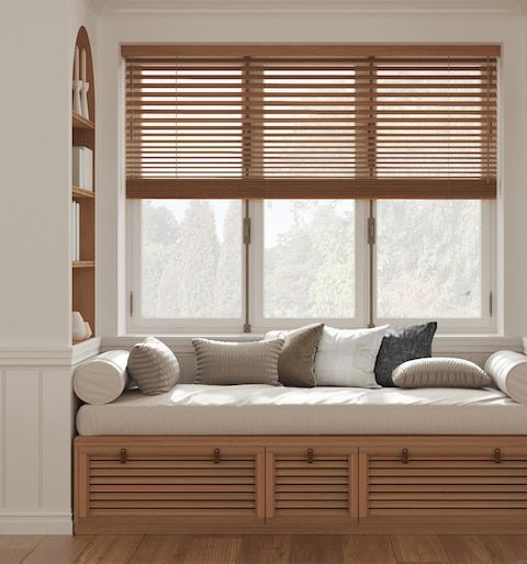 Stained Wood Blinds above Window Seat in Louisville, KY