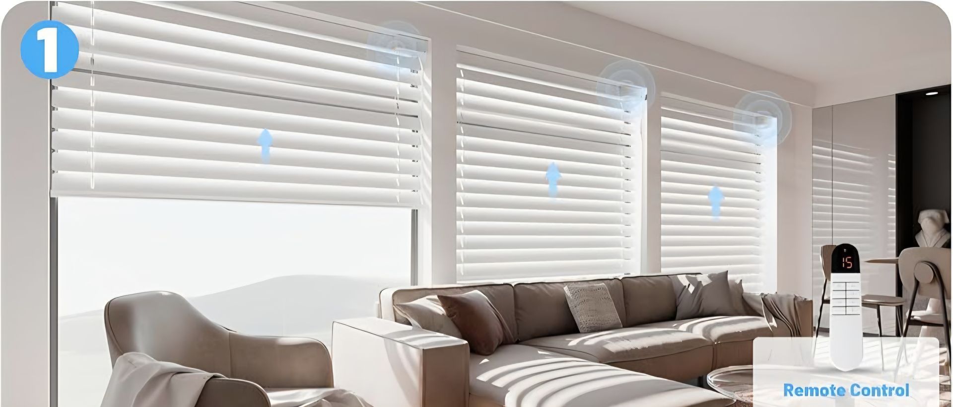 White Motorized Blinds in Living Room.
