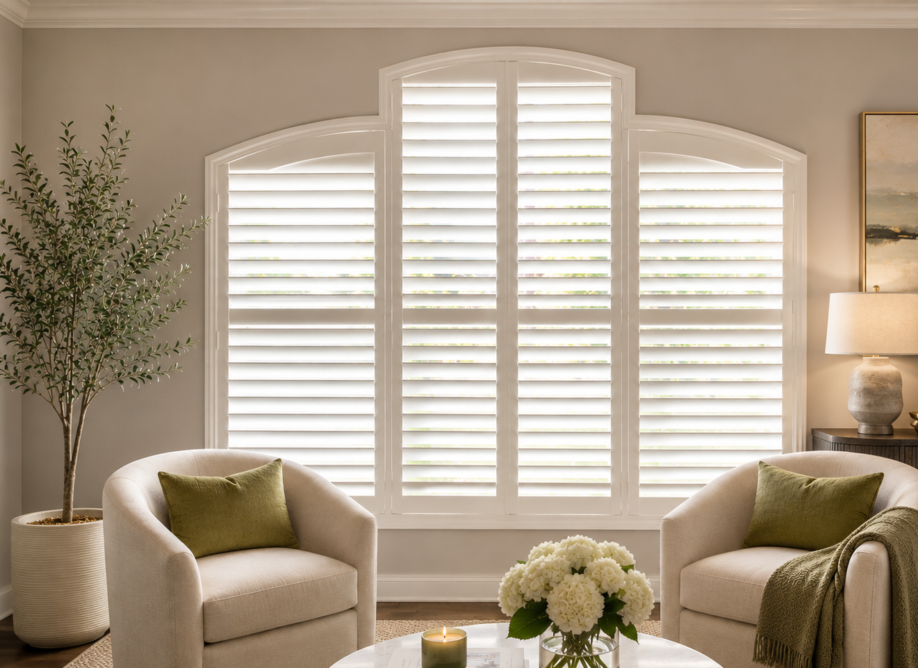 Norman Normandy and Woodlore interior specialty shaped shutters in den.