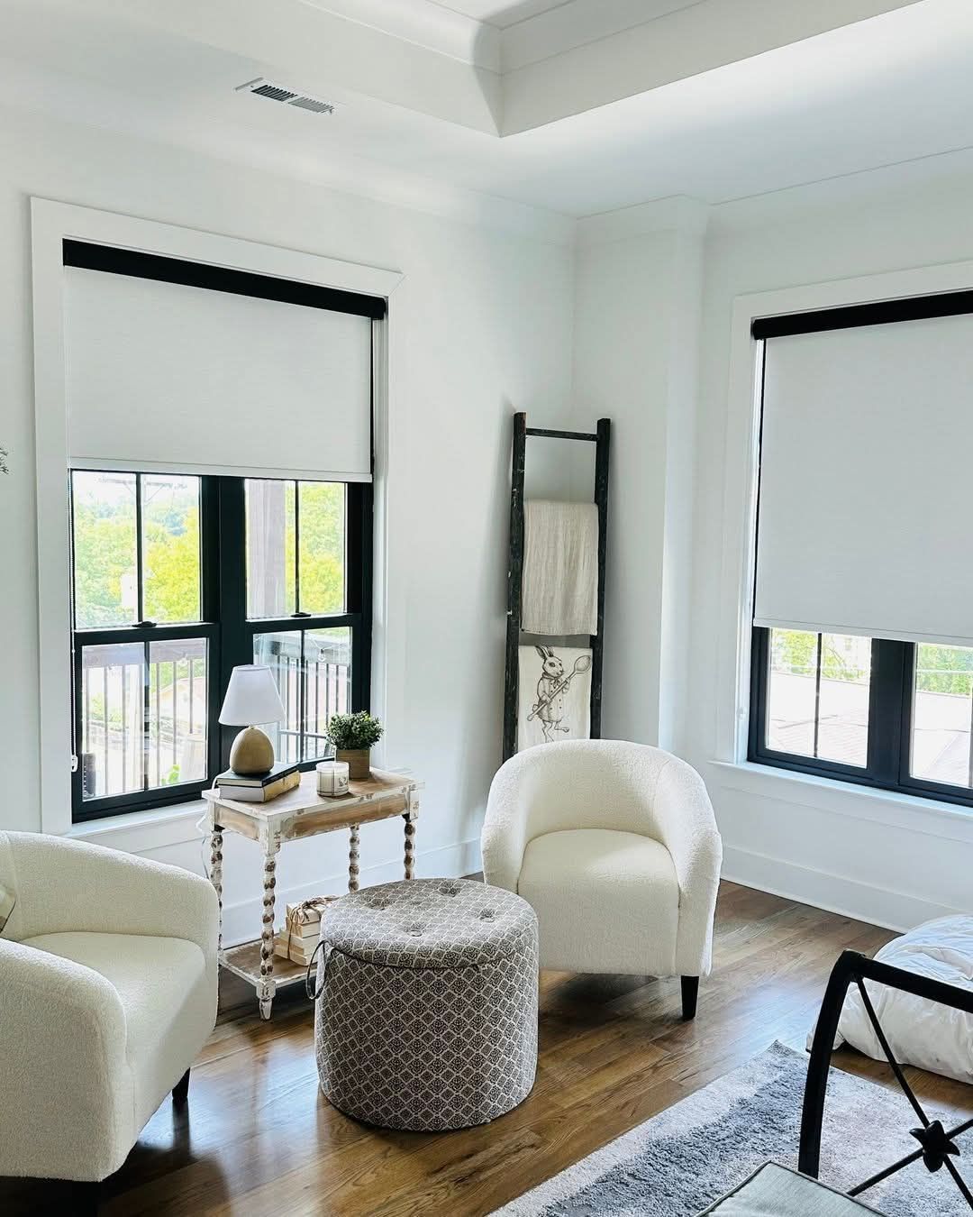 Bright Living Room with White Roller Shades and Black Fascia on two windows.