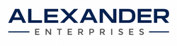 ALEXANDER ENTERPRISES logo in navy blue with horizontal lines on a white background