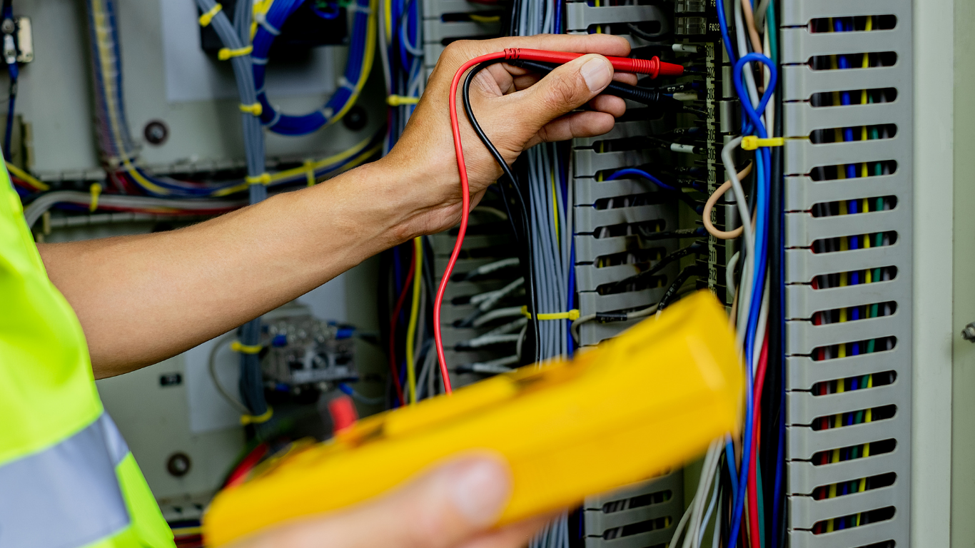 Technician testing wires inside an electrical panel with a multimeter
