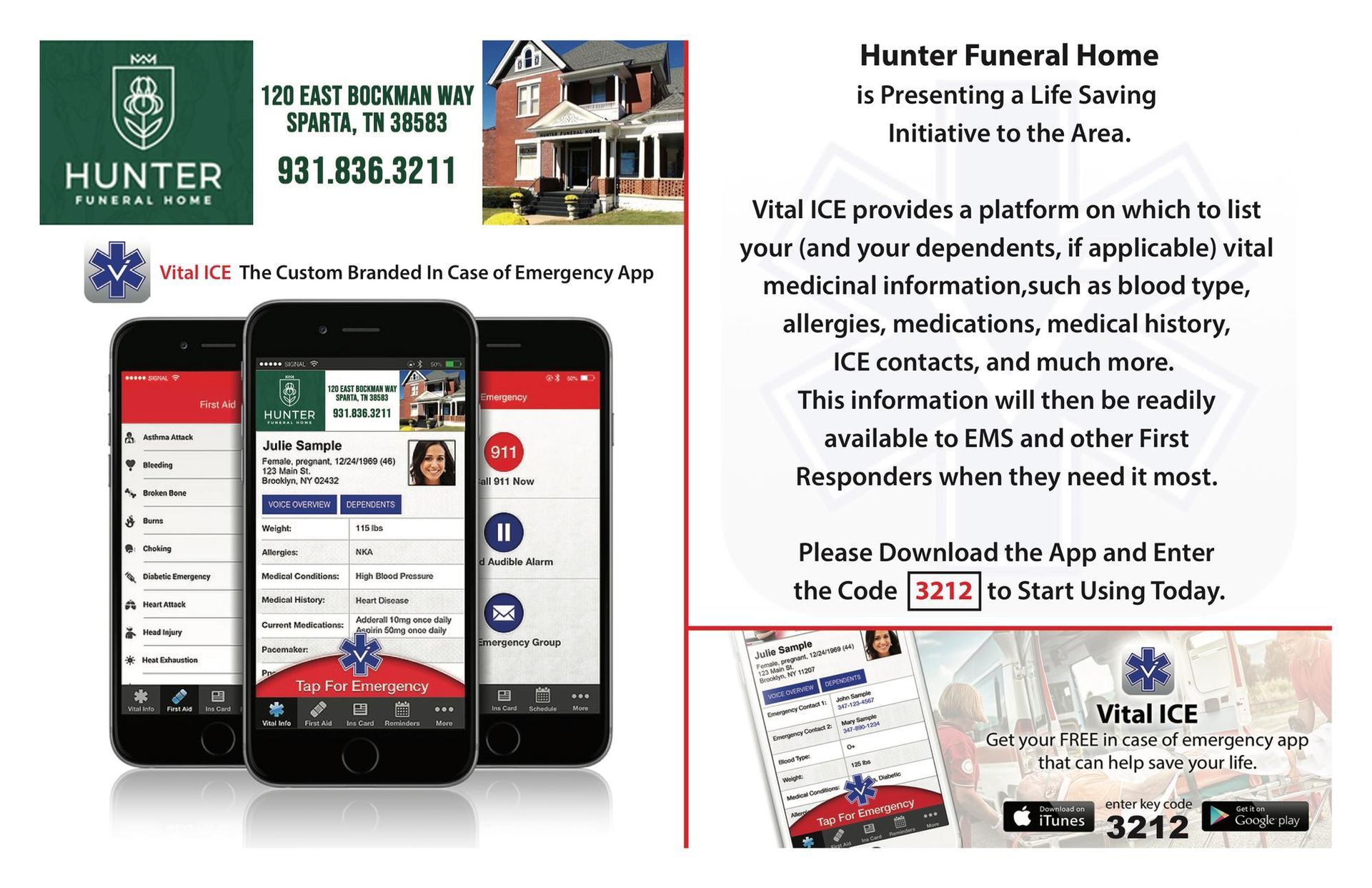 Flyer for Hunter Funeral Home app, showing two smartphones and funeral planning contact details.