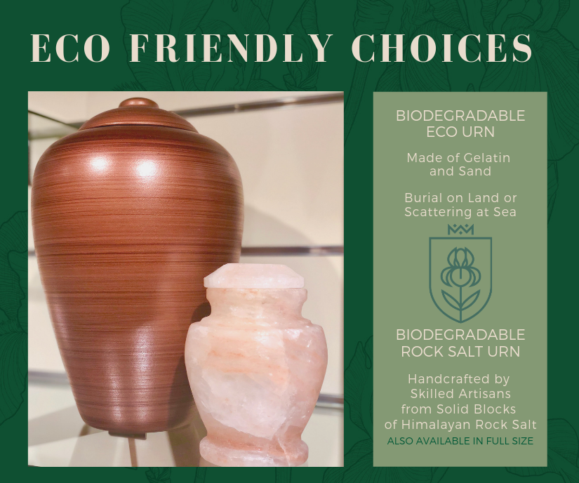 Eco-friendly urns and rock salt lamp on green background with “Eco Friendly Choices” text