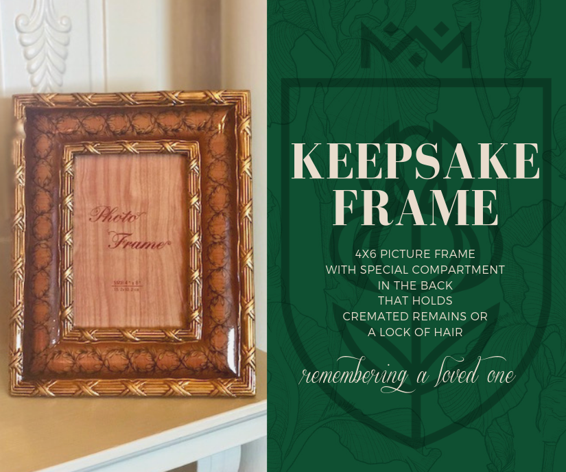 Decorative brown keepsake frame with engraved “My Forever” beside green product ad text