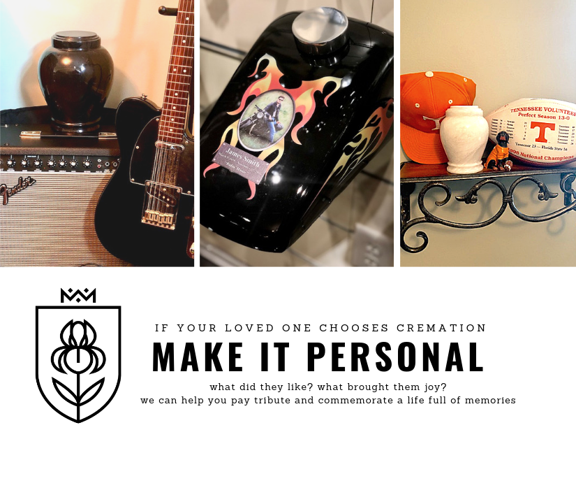 Custom memorial art collage with urns, a guitar, a black casket, and a personalized cremation ad text