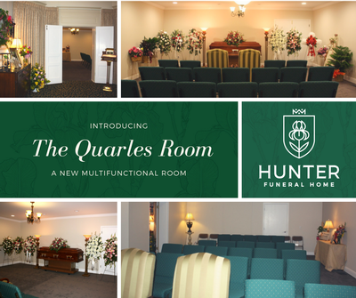 Promotional collage for The Quarles Room at Hunter Funeral Home, with teal chairs and floral arrangements