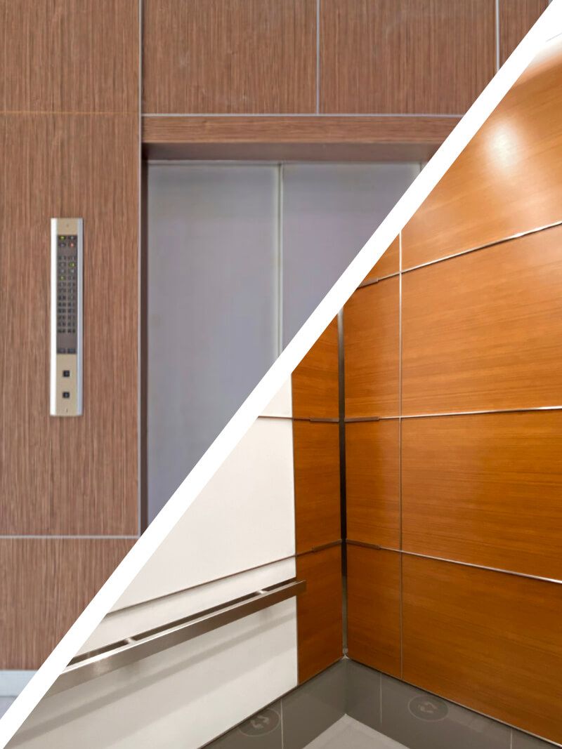 A picture of an elevator and a picture of the inside of an elevator