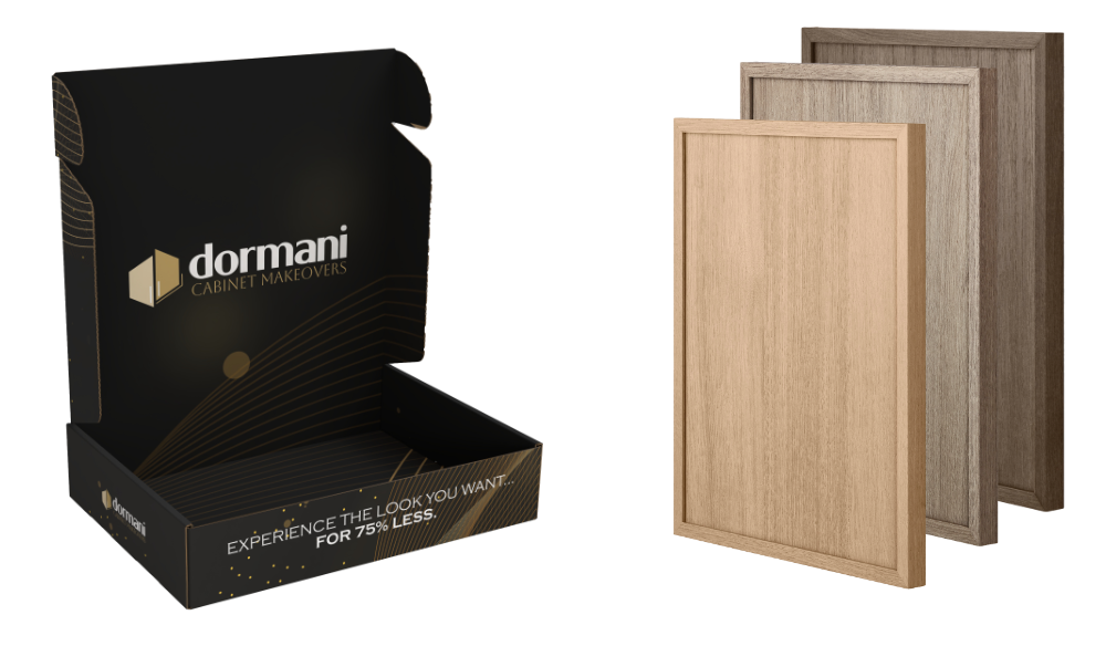 A black Dormani display box with a gold logo next to three wooden door panels in various wood tones.