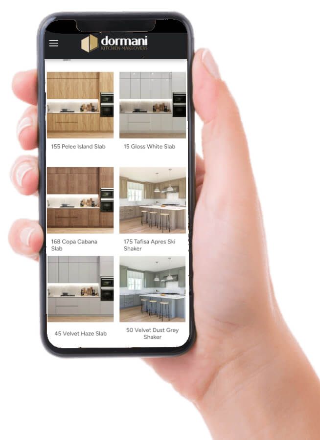 A hand is holding a cell phone with a dormani website on it.