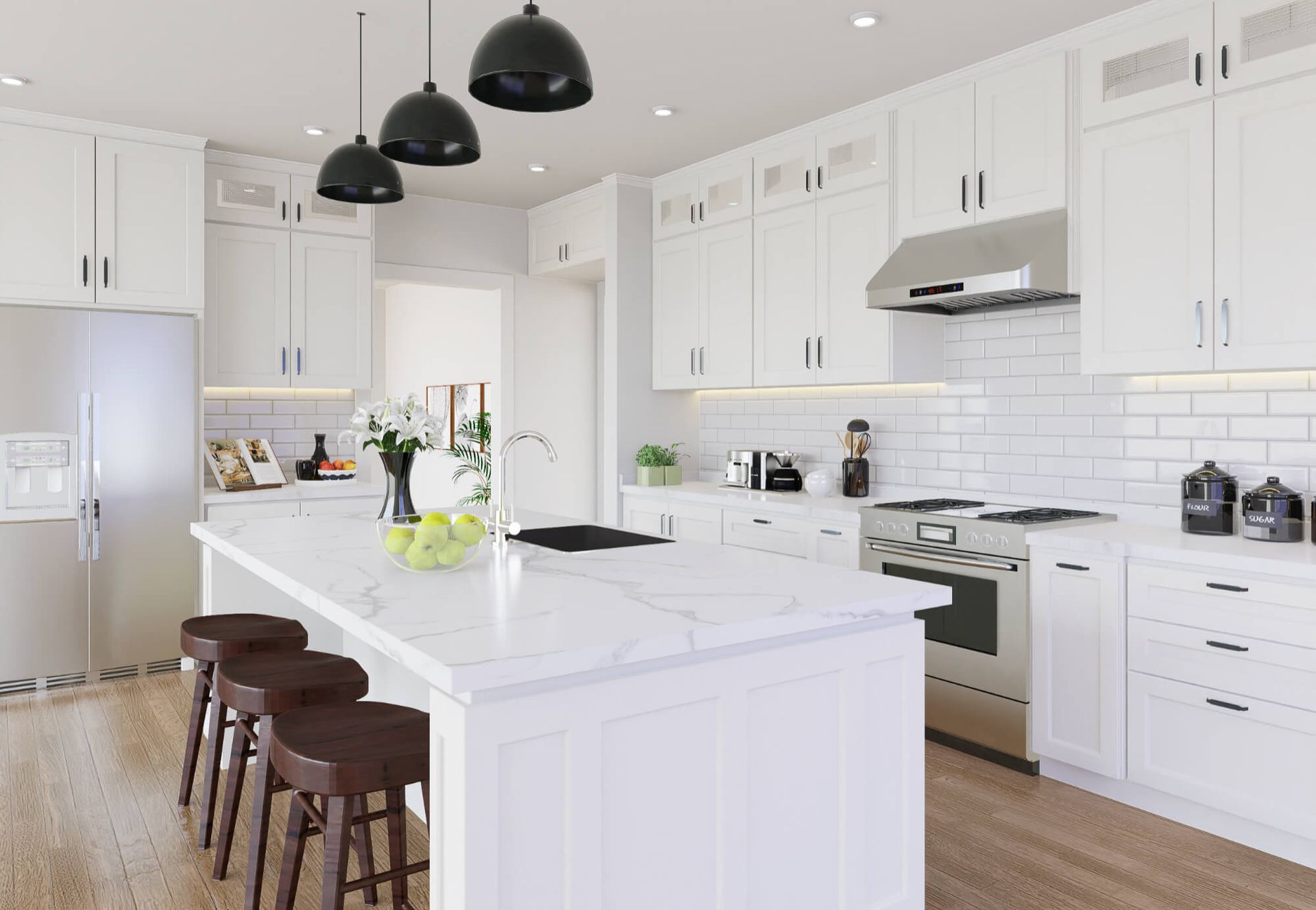 An empty kitchen with wooden cabinets and a window.