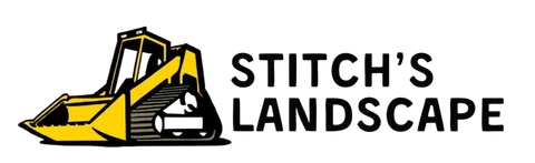 Logo for Stitch's Landscape. Features a yellow bulldozer and black text that reads "Stitch's Landscape".