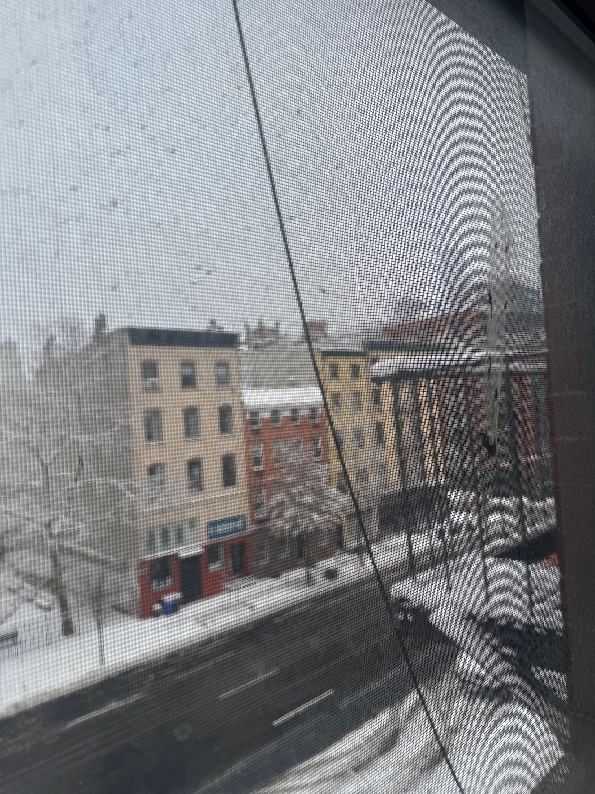 Snowy street scene, buildings and road viewed through a window screen.
