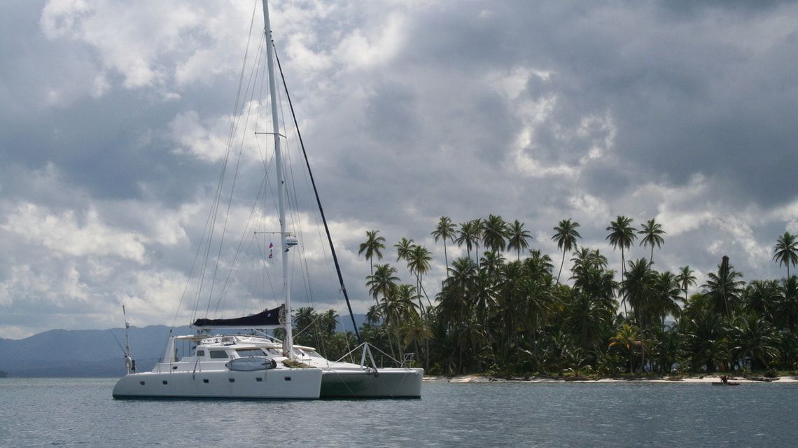 Our catamaran off the coast of an island