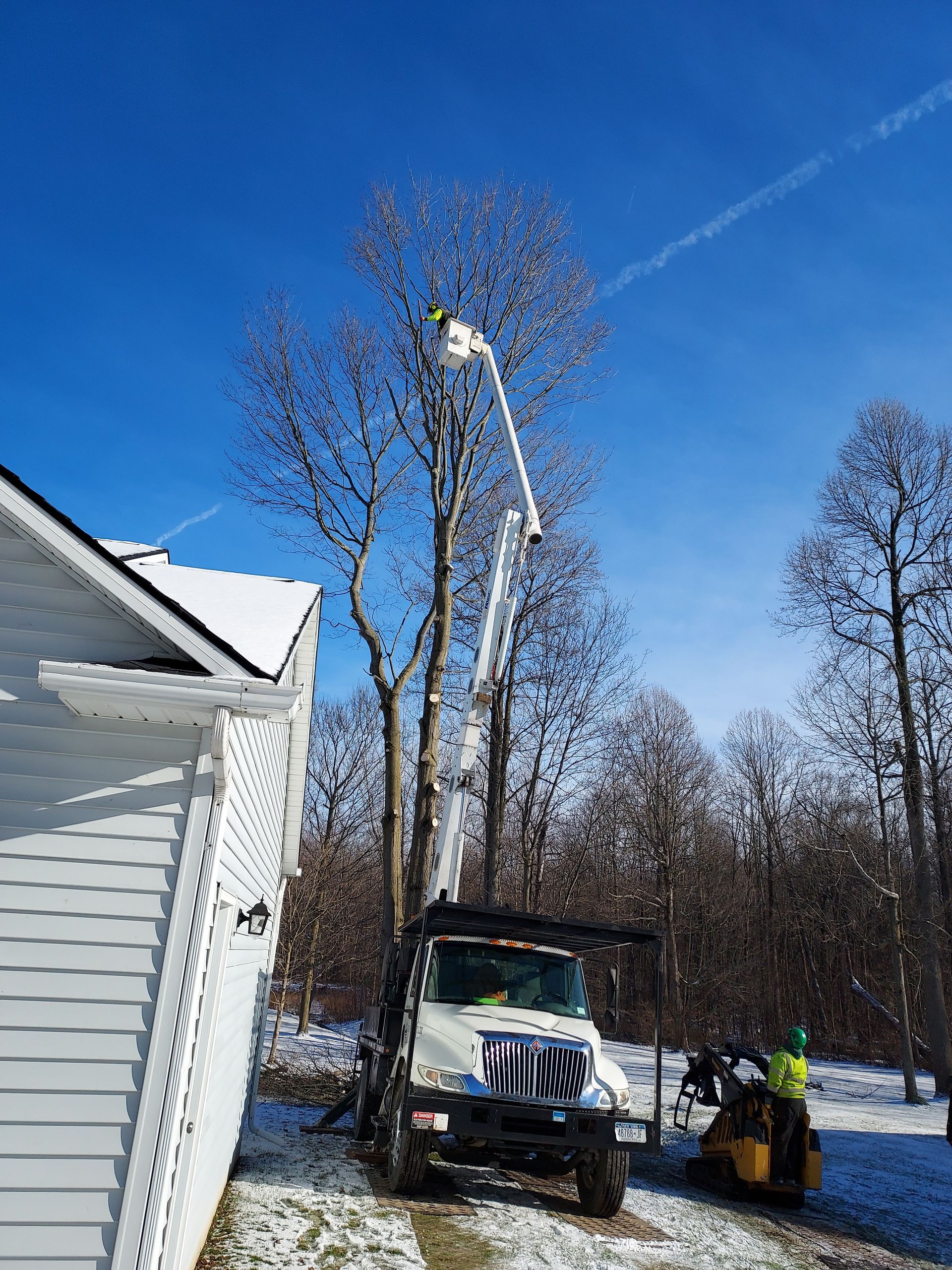Tree trimming, truck with extended lift, worker in bucket near a snowy house on a sunny day.