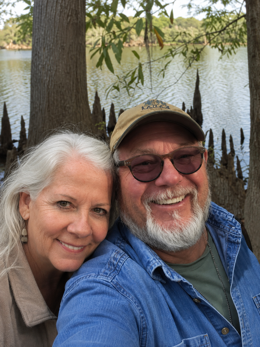 Smiling couple posing by a lakeside, with trees and water in the background.