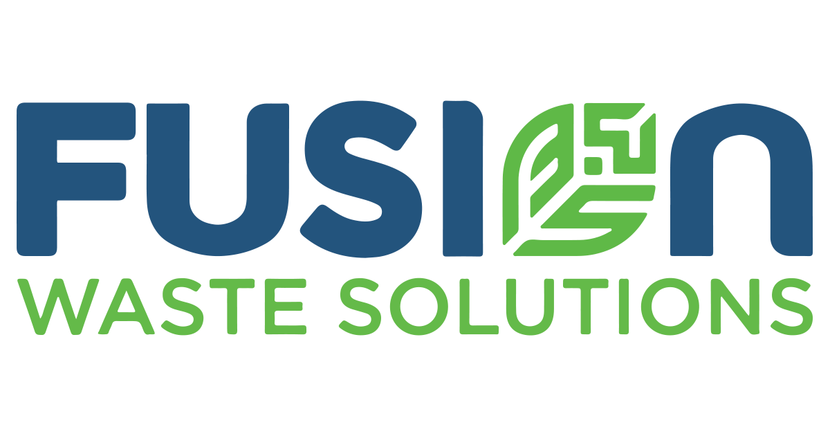 The fusion waste solutions logo is blue and green with a leaf in the middle.
