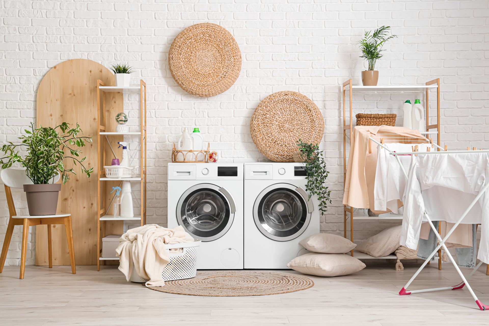 Laundry room with a washer, dryer, clothes drying rack and shelves — Fast Tech Appliance Repairs in Lake Macquarie, NSW