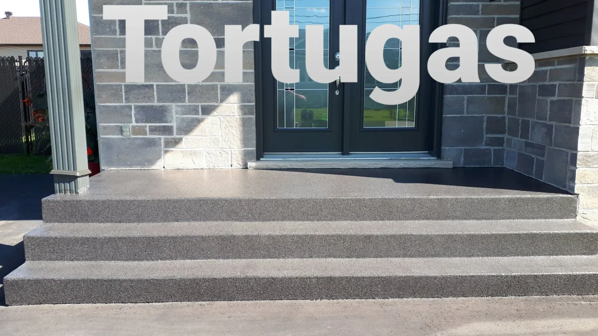 Grey stone steps leading to a doorway, with 