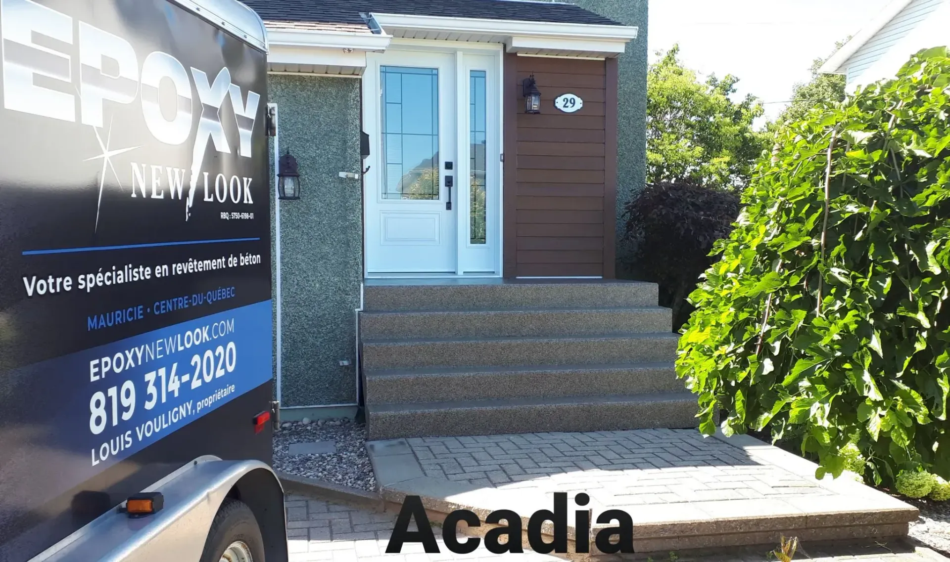 House entrance with steps and white door; trailer from Epoxy New Look.