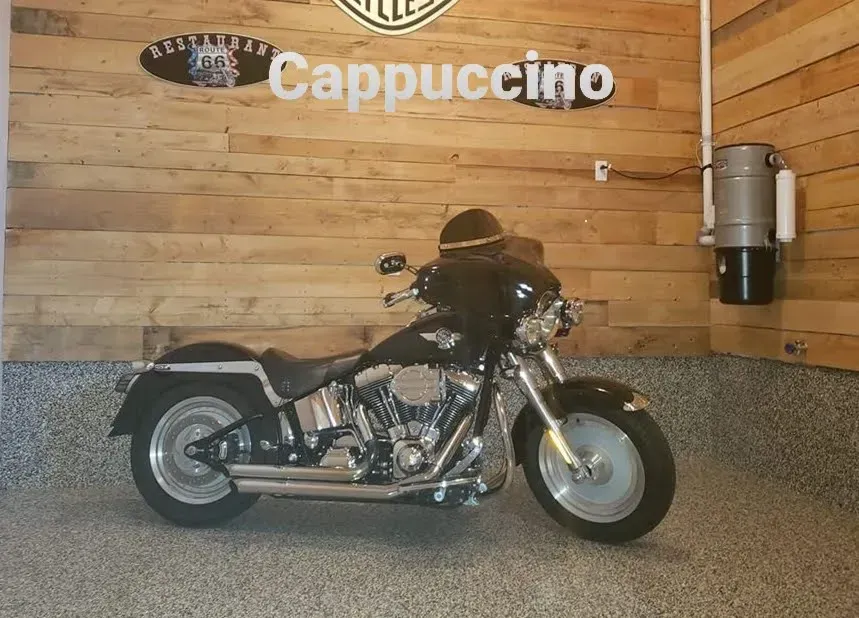 Black Harley-Davidson motorcycle parked in front of a wood-paneled wall, near a Cappuccino sign and a gray speckled floor.