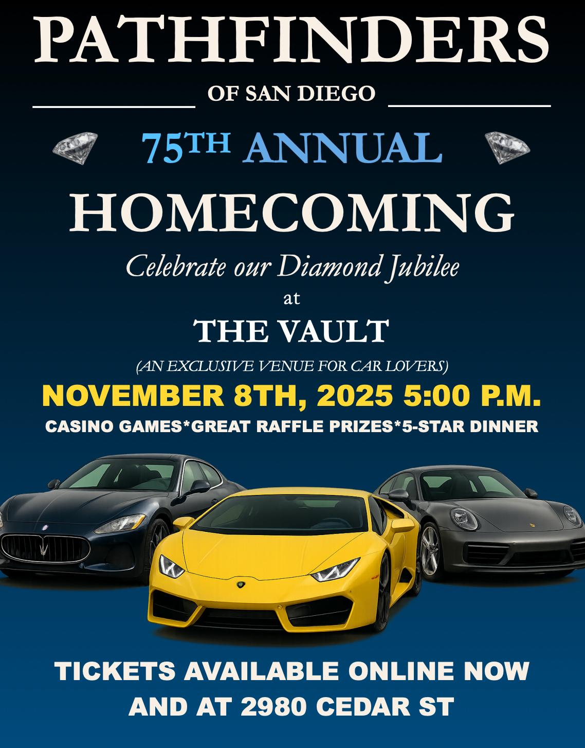 Flyer for the Pathfinders of San Diego 75th Annual Homecoming at The Vault on Nov. 8th, 2025. Featuring cars and casino games.