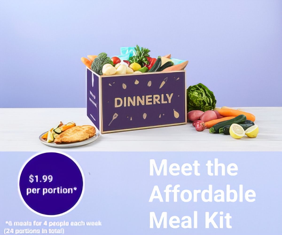 Dinnerly meal kit box with ingredients and plated meal, advertising an affordable meal option.