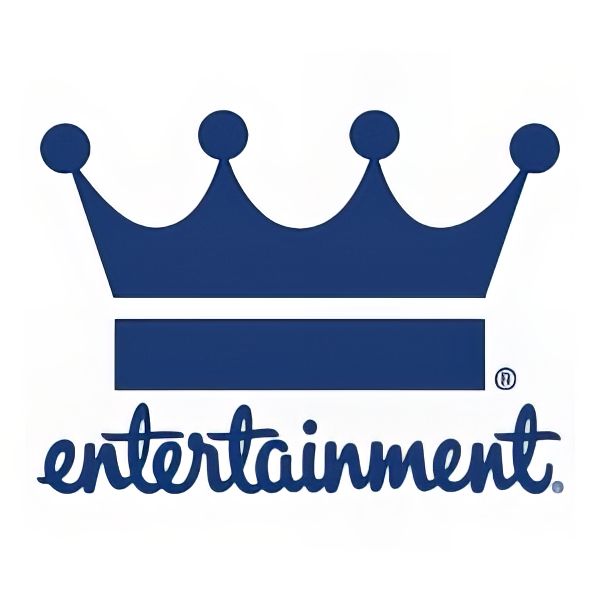 A blue logo for entertainment with a crown on it