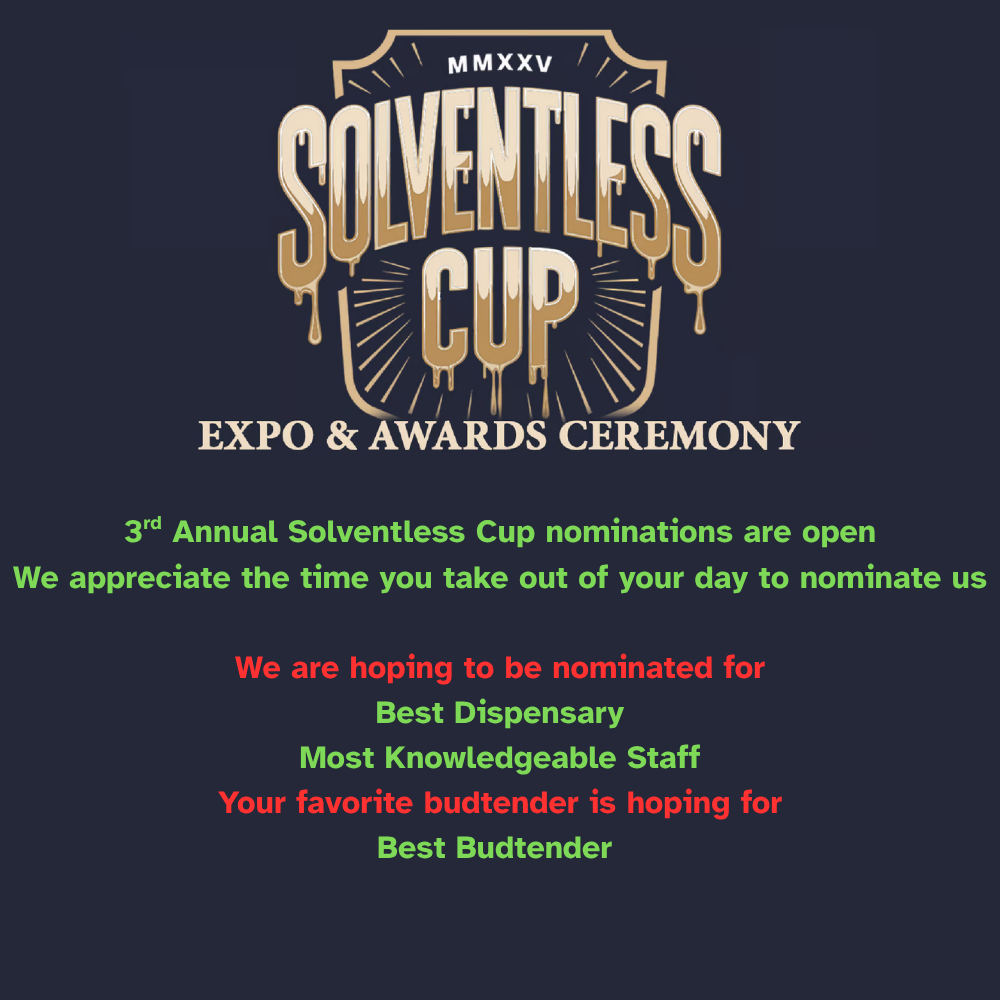 Solventless Cup Expo & Awards Ceremony poster with green and red nomination announcement text.