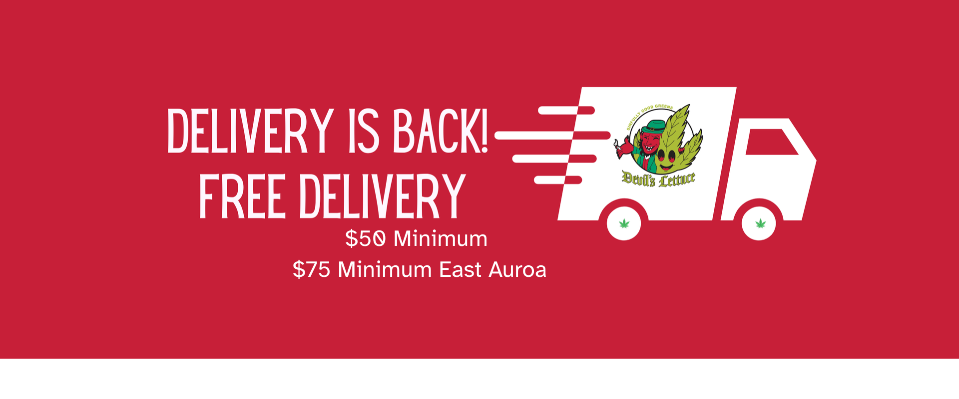 Red banner ad for free delivery, with a white delivery truck icon and minimum order text.