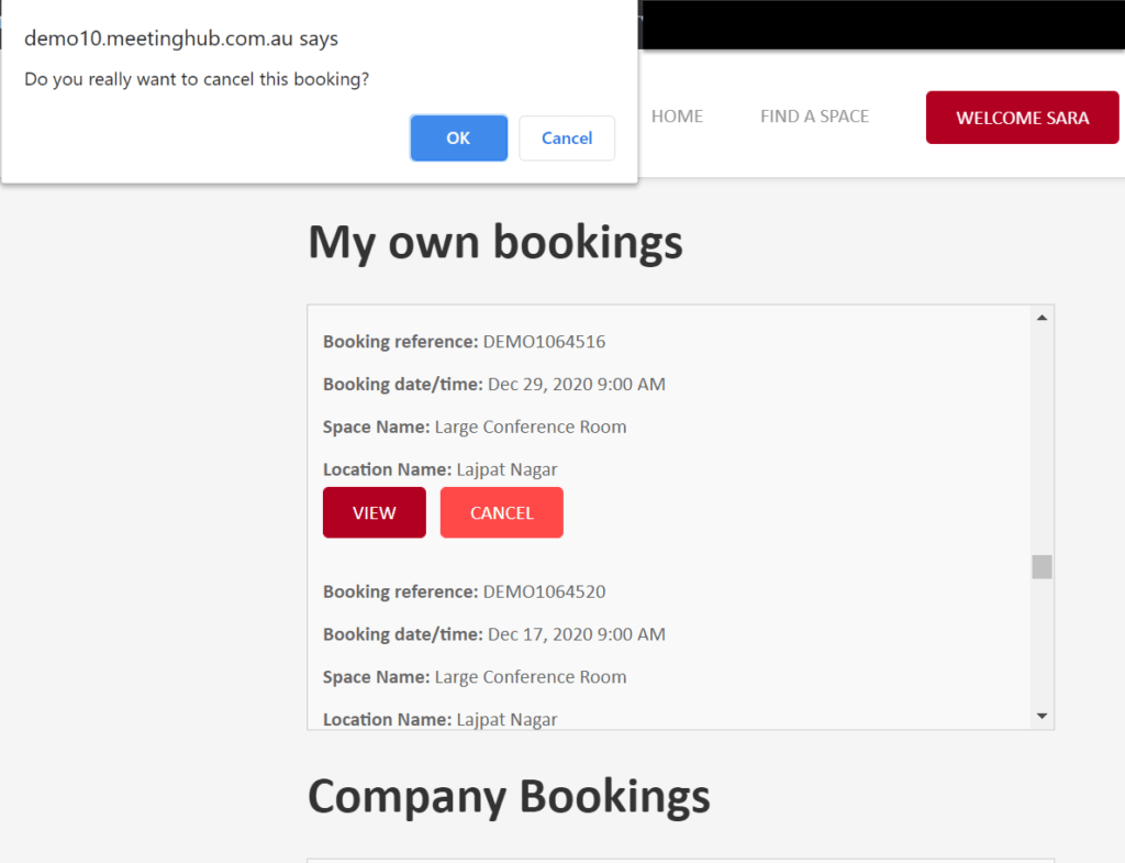 Click Confirm Booking from the Action button on the List Bookings page Confirming a Tentative Booking