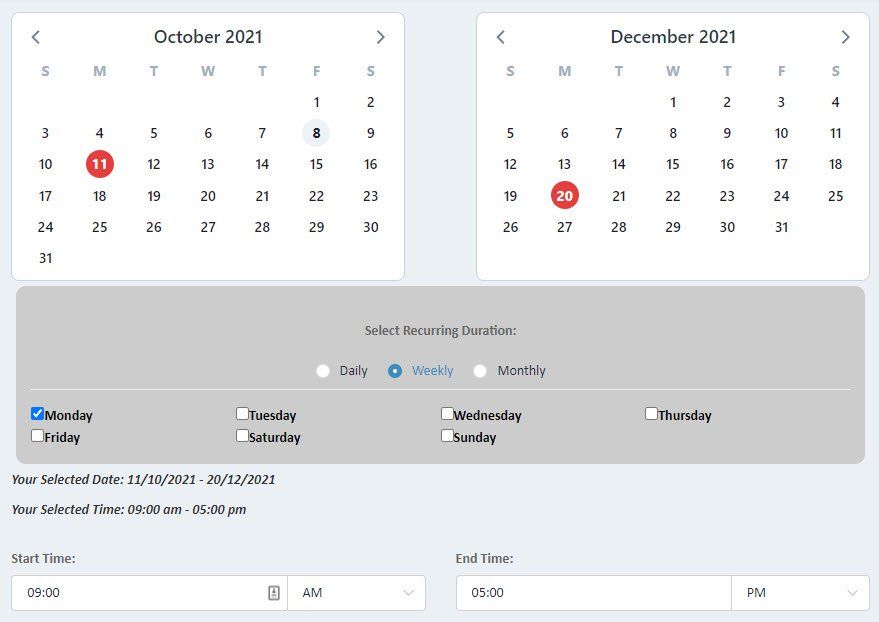 Select your date range and recurring duration Making a recurring booking