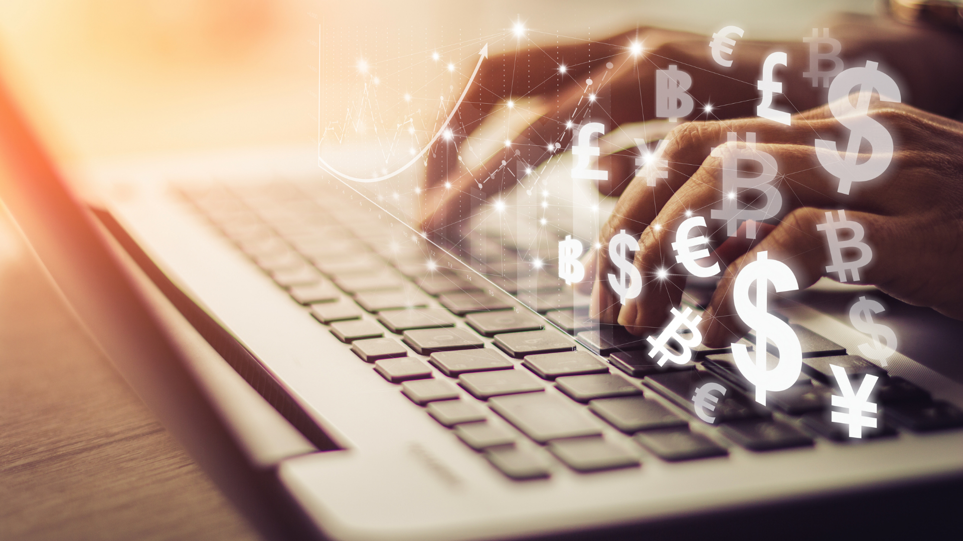 person typing with currency symbols coming out of keyboard