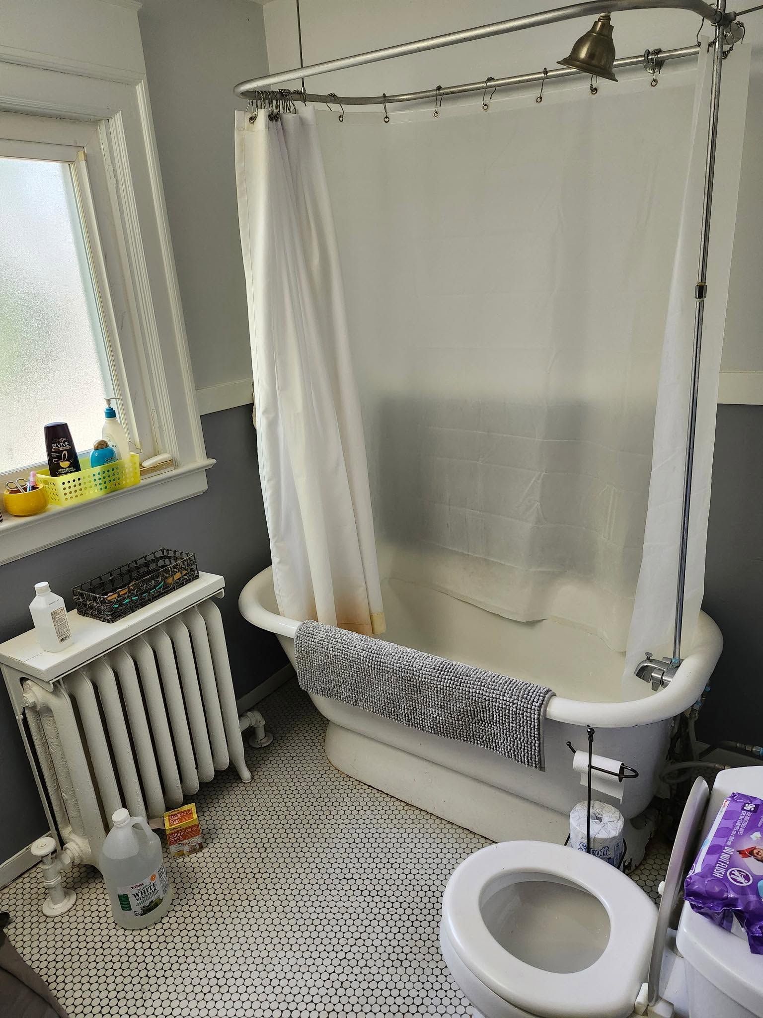 Small bathroom with a shower-tub, patterned curtain, radiator, window, and a toilet in the foreground.