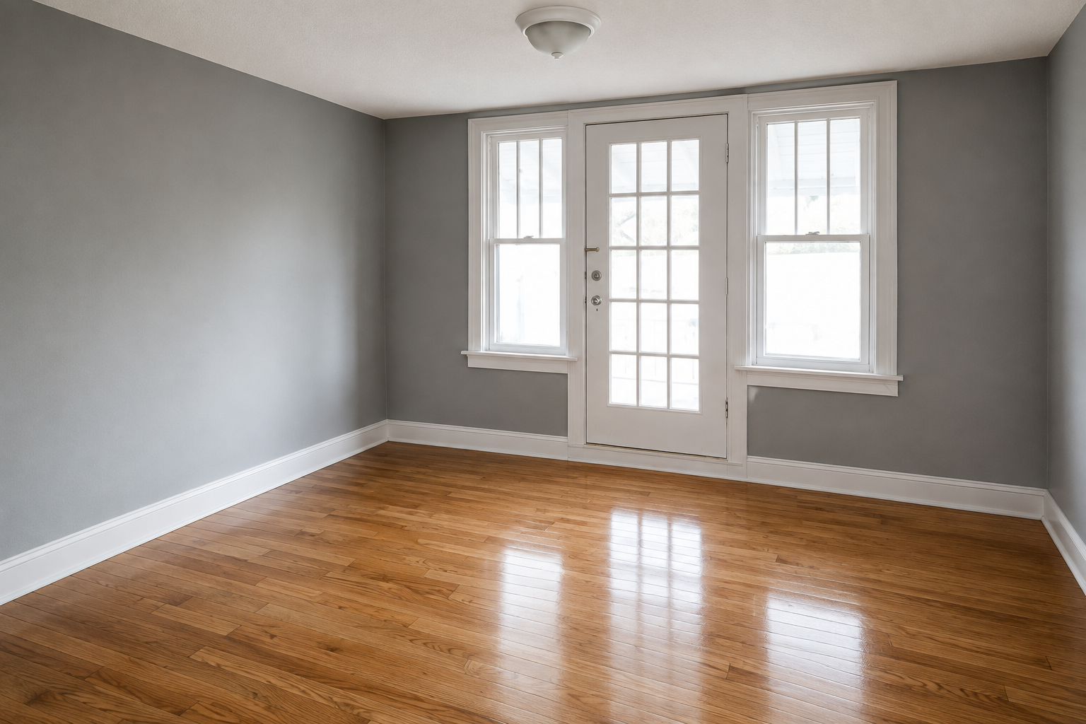 Empty room with gray walls, hardwood floor, and a white door flanked by windows.