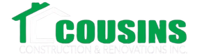 Green house-roof logo with the word “COUSINS” in bold green text and faint “Construction & Renovations” below