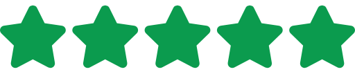 Five green stars in a row on a white background.