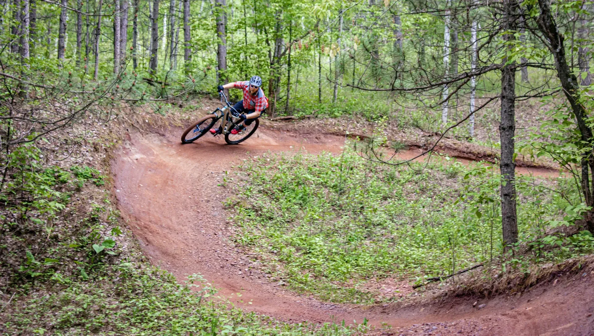 Mountain biker leaning into a dirt trail turn in a green forest.
