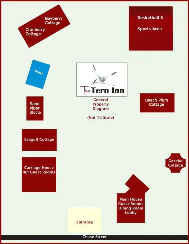 Map of The Tern Inn with labeled buildings and entrances on a beige background.