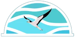 White bird flying over blue waves inside a circular logo
