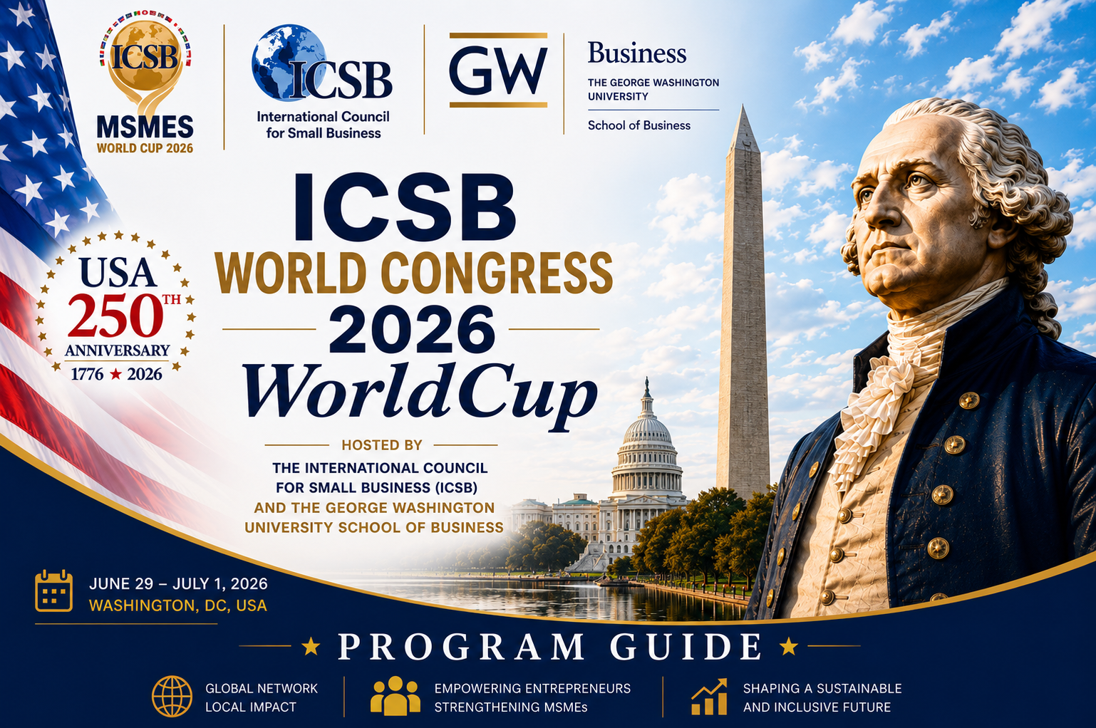 ICSB World Congress 2026 Program Guide featuring GW Business and Washington, DC landmarks.