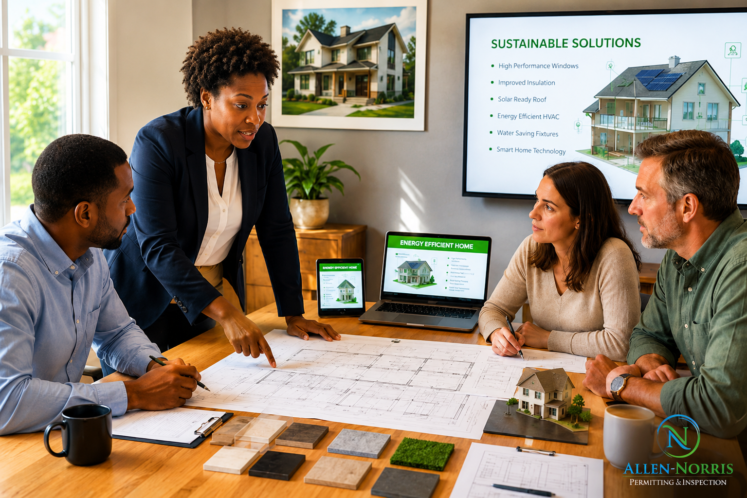 Team reviewing sustainable home plans with digital presentation and architectural materials on table