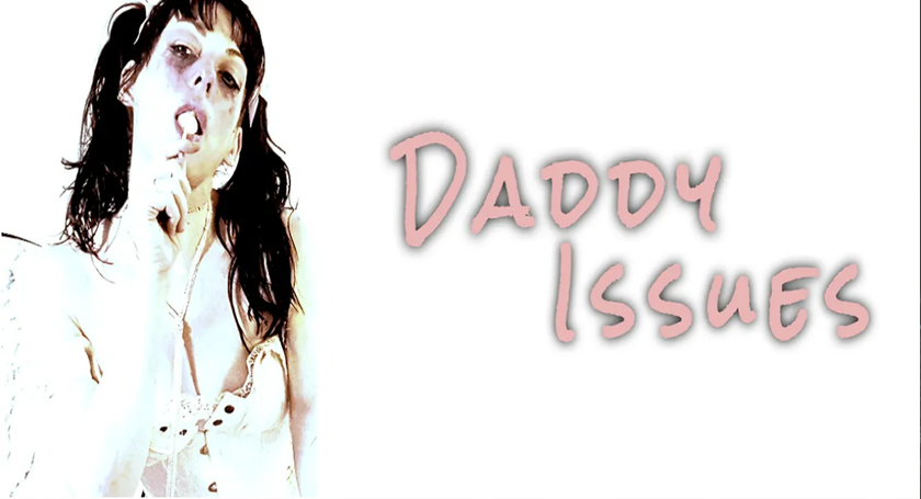 A woman with pigtails and a tear-stained faced sucking a lollipop next to the words 'Daddy Issues'.