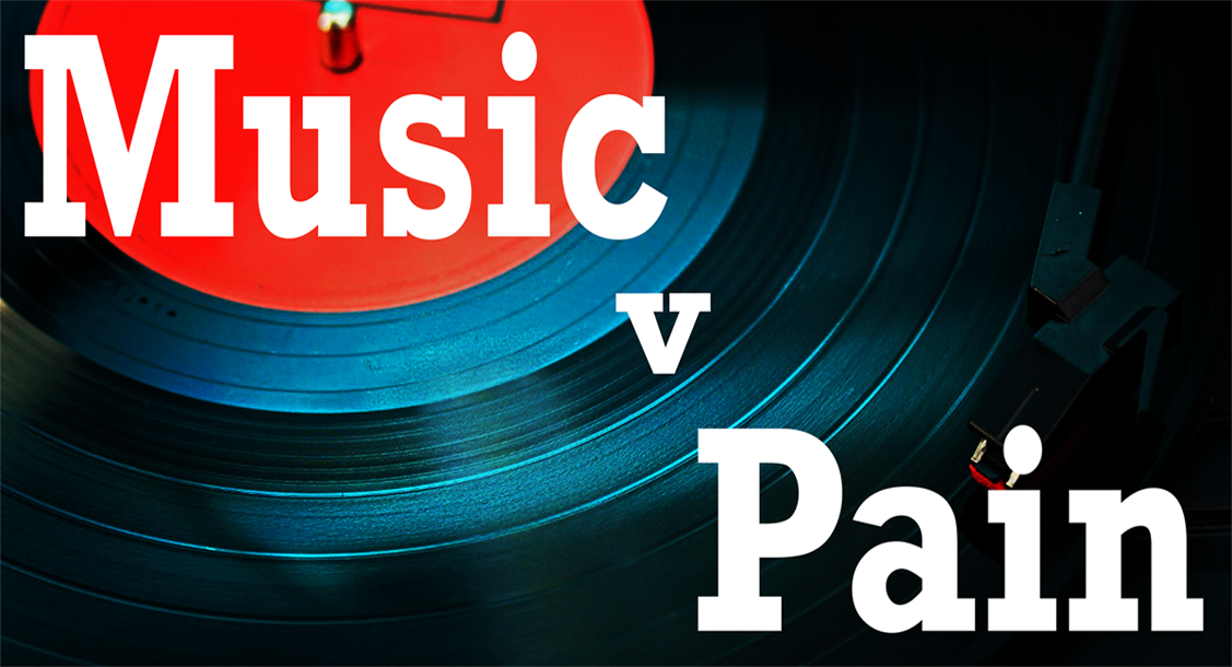 A vinyl record on a player with title 'Music v Pain' over it.