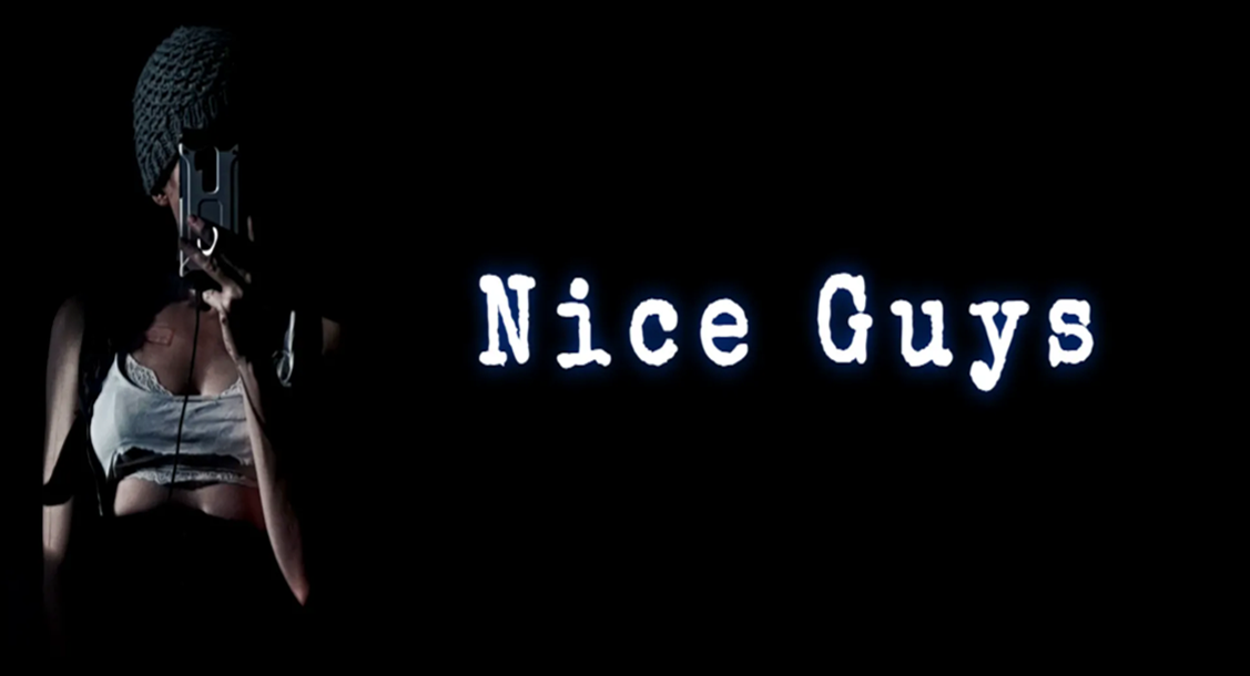 The words Nice Guys in white with woman sitting in the dark next to them.