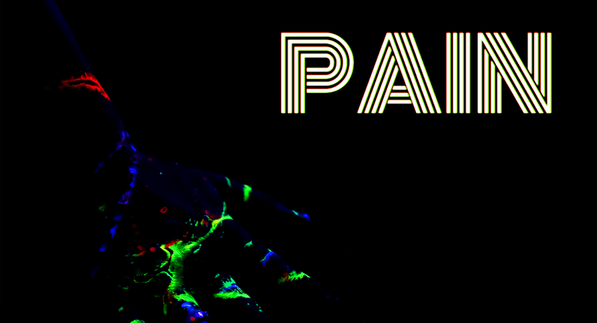 A woman's hand covered in neon paint next to the word 'Pain'.
