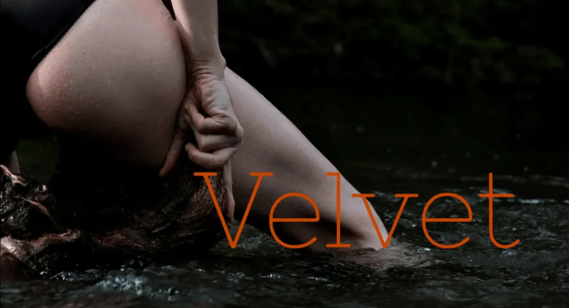 The title 'Velvet' next to a woman on a branch in a river.