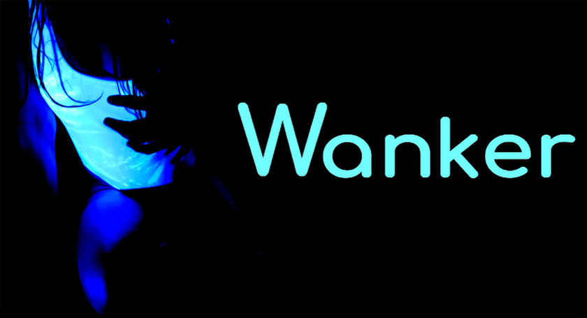 A woman in a white swimsuit reaching out towards the camera next to the word 'Wanker'.